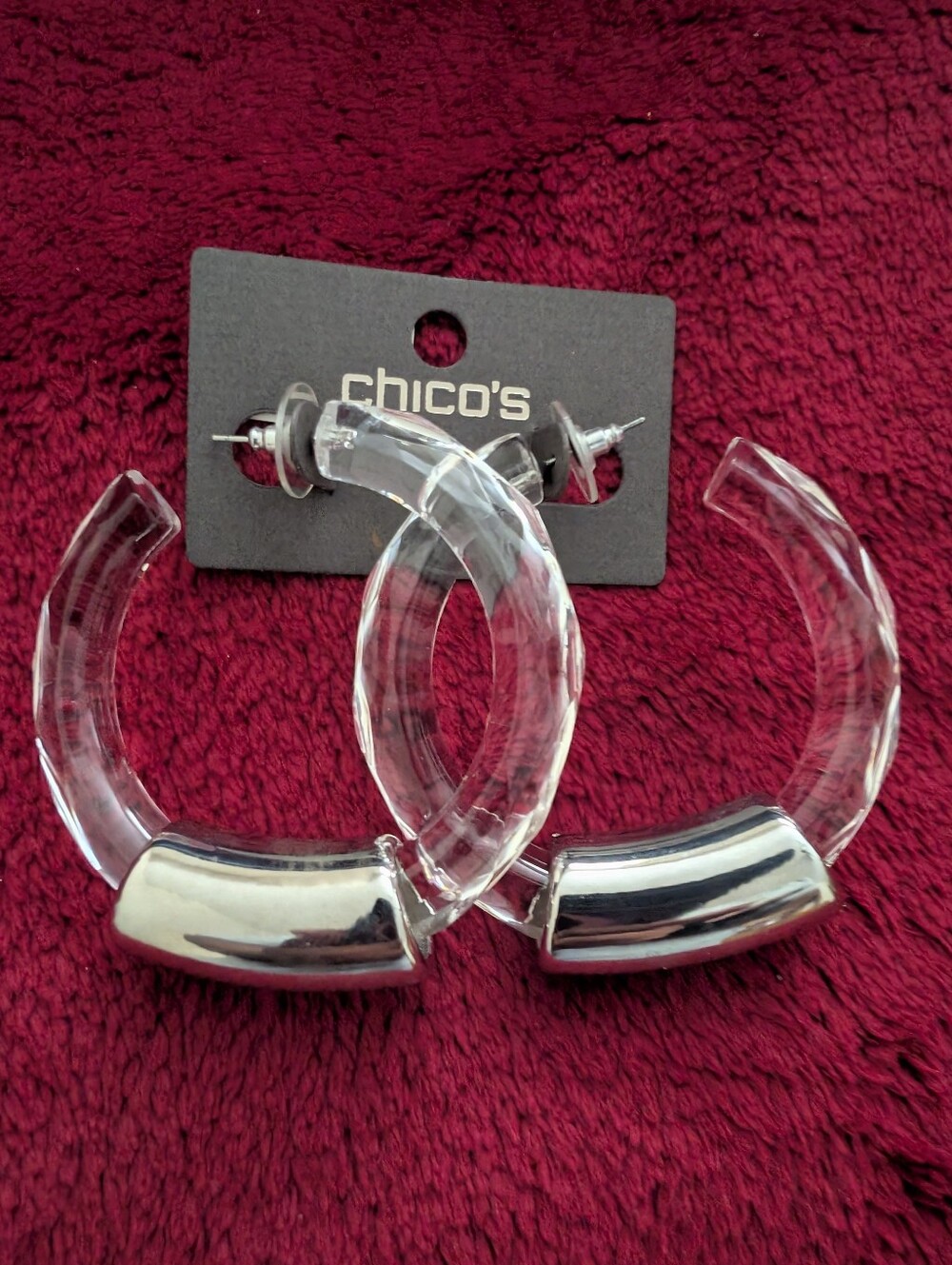 Chicos Clear Hoop Statement Earrings with Silver-Tone Accents|NWT| Retail $29